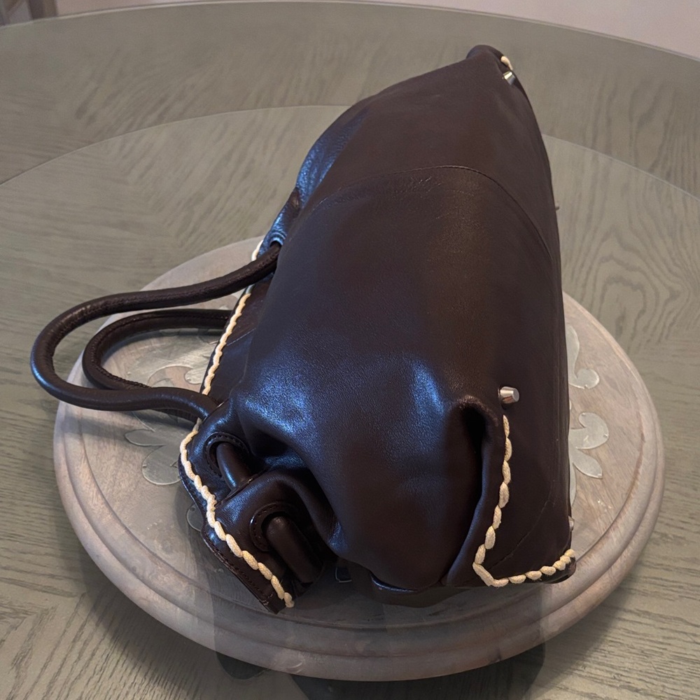 Furla/Certificate of Authenticity- Dark Brown Leather Satchel Cream Braided Trim - Picture 6 of 12
